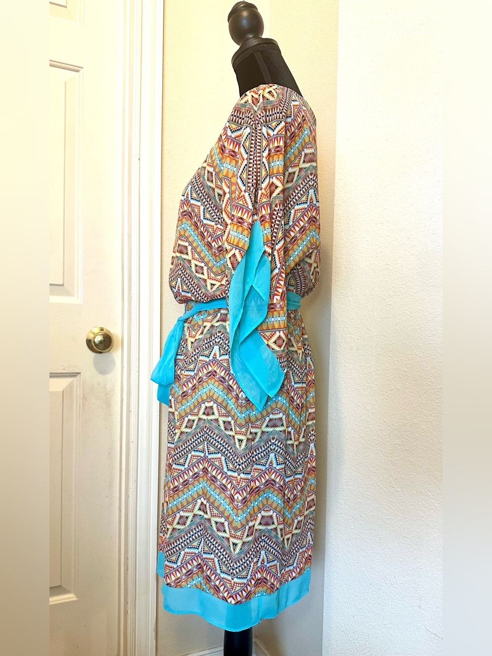 Vintage AGB Boho Festival Dress Size 6 Sheer Kimono Sleeve Tie Waist - Picture 4 of 11